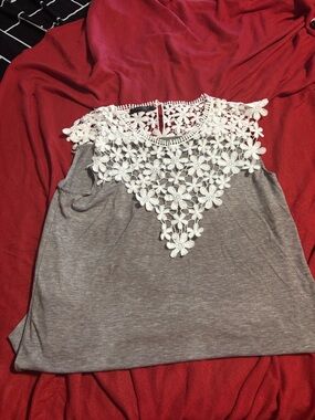 Sleeveless Gray Tank Top with White Floral Lace Yoke
